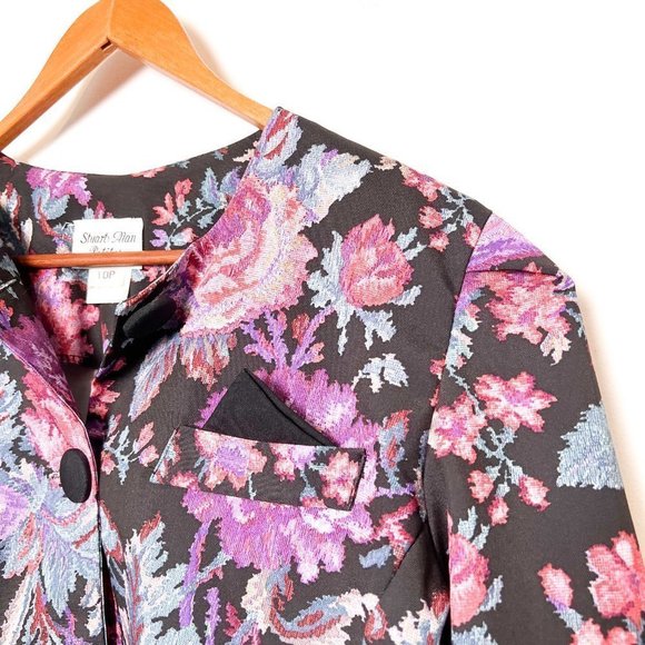 Vintage Purple and Black Floral Structured 80s Blazer Jacket - Picture 2 of 9